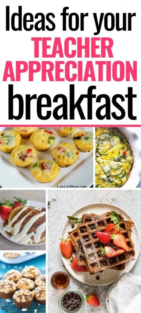 A collage of teacher appreciation breakfast ideas.