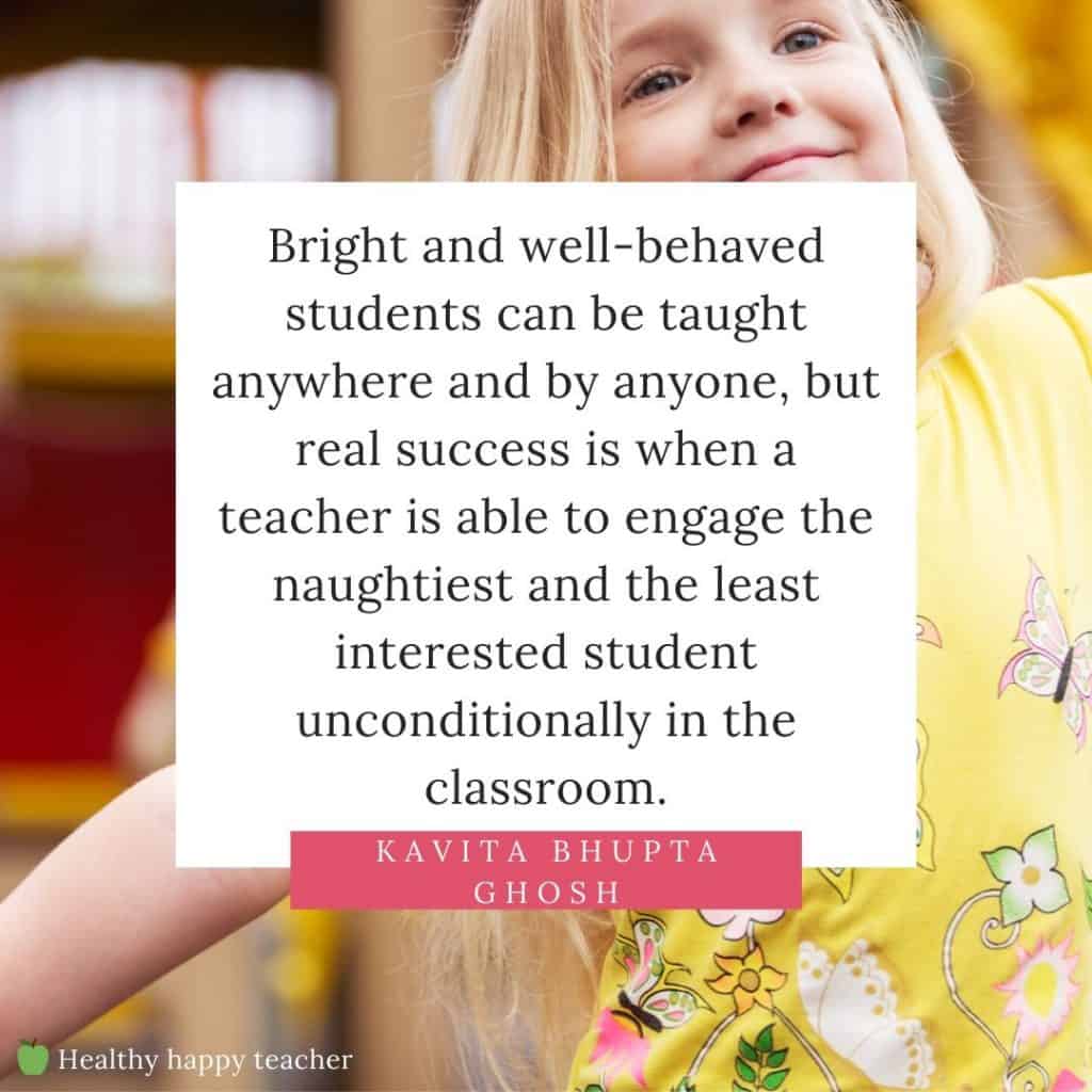 A motivational quote for teachers with the background of a smiling girl with blonde hair.