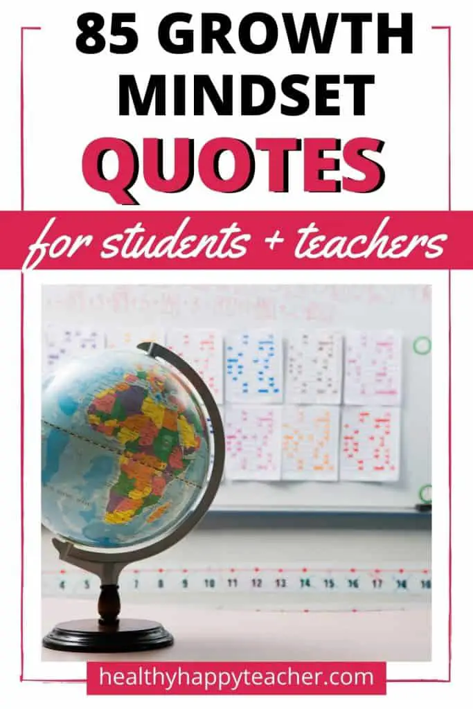 A globe on a desk with the text overlay, 85 growth mindset quotes for students and teachers.