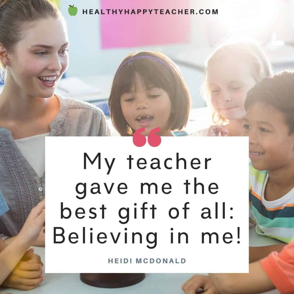 A young teacher smiling with a group with a quote about the teacher student relationship.