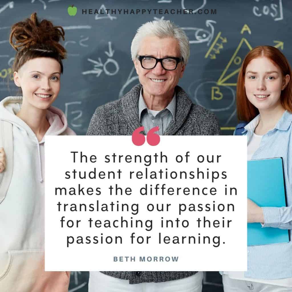 Two teenagers with an older maths teacher with sums on the blackboard, with a quote by Beth Morrow on it.