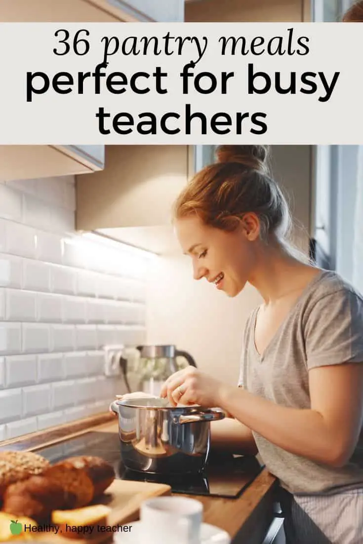 A teacher leaning over her stove making a pantry meal.