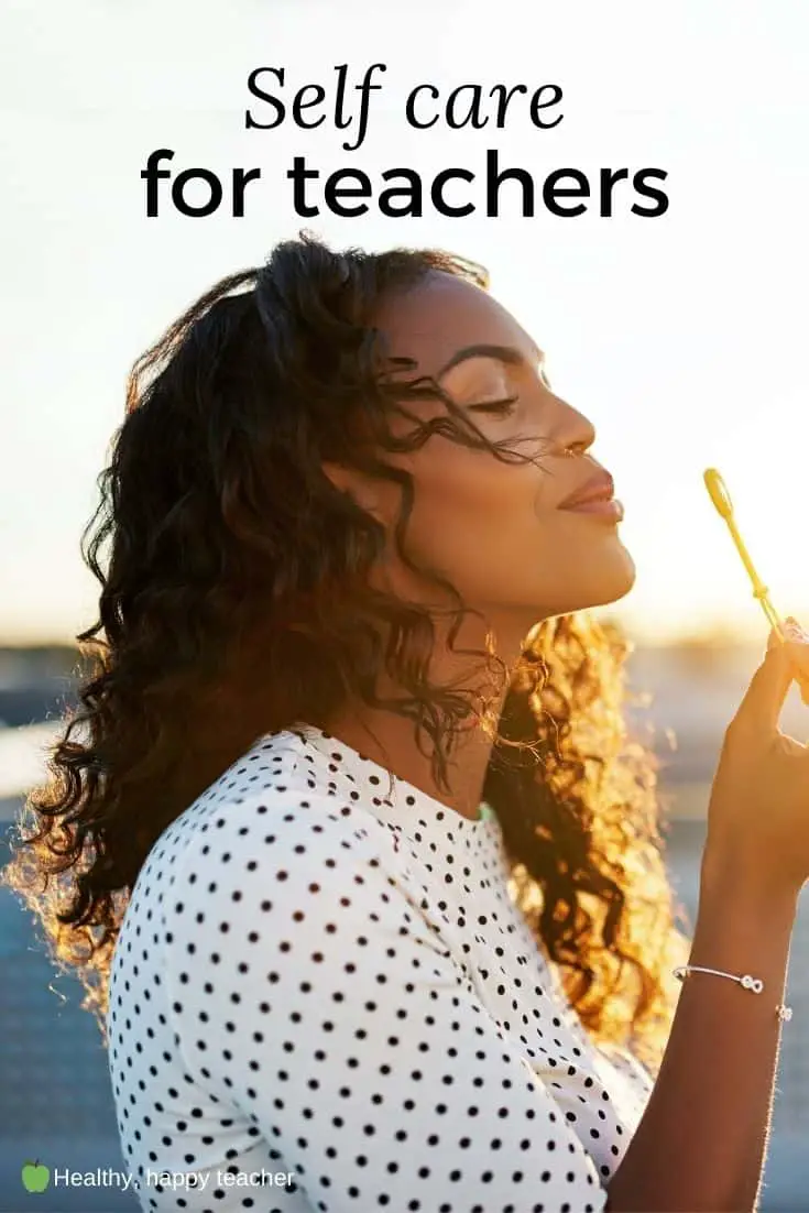 Black female teacher blowing a bubble on the beach at sunset. The text overlay says, Self care for teachers.